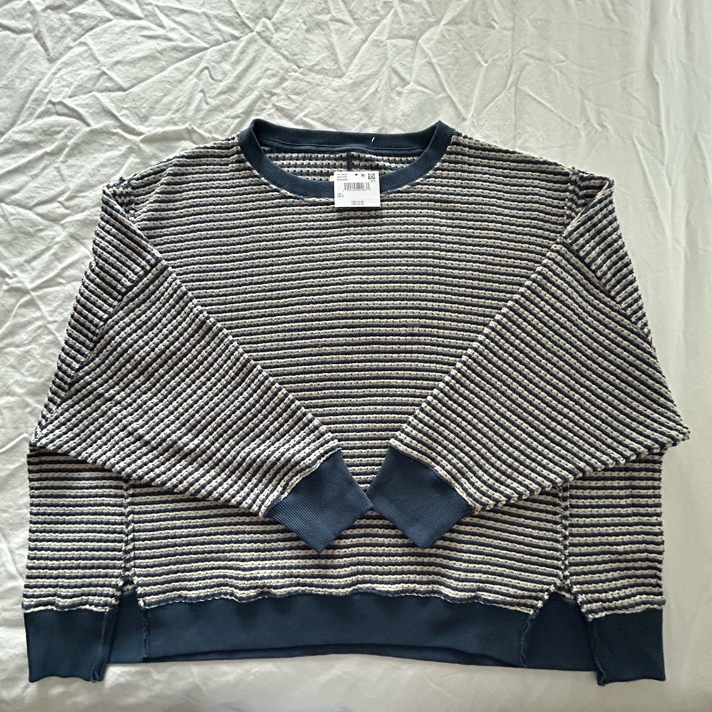 American Eagle Outfitters Navy and Cream Striped Waffle-Knit Sweatshirt
